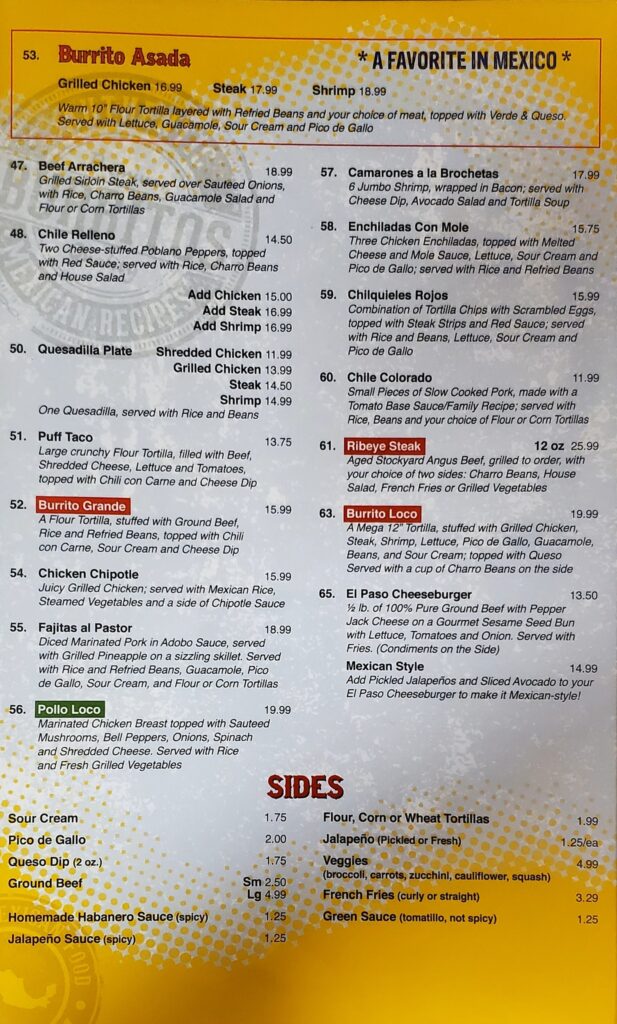 Dinner Menu | El Paso Mexican Grill Carencro LA